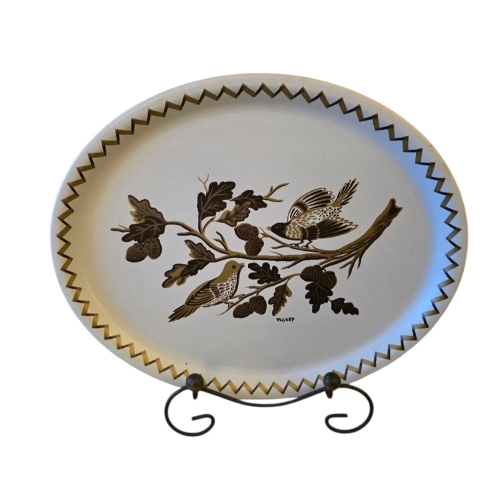 Moxey Vintage Oval Metal Tray Mid Century Modern Artist Signed Handpainted Birds